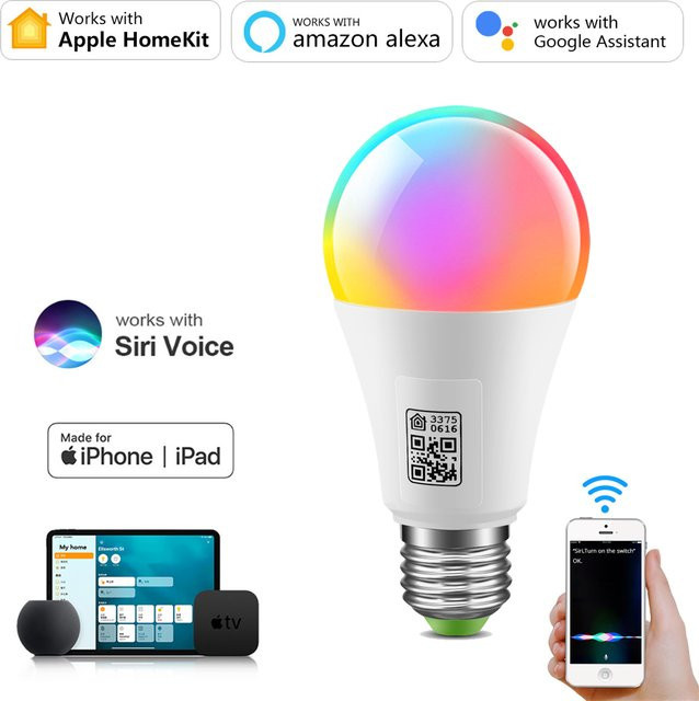 AIMENGTE Smart Wifi LED Glühbirne E27, mehrfarbig RGB, dimmbar, kompatibel mit Apple HomeKit, Alexa und Google Assistant - Bild 1