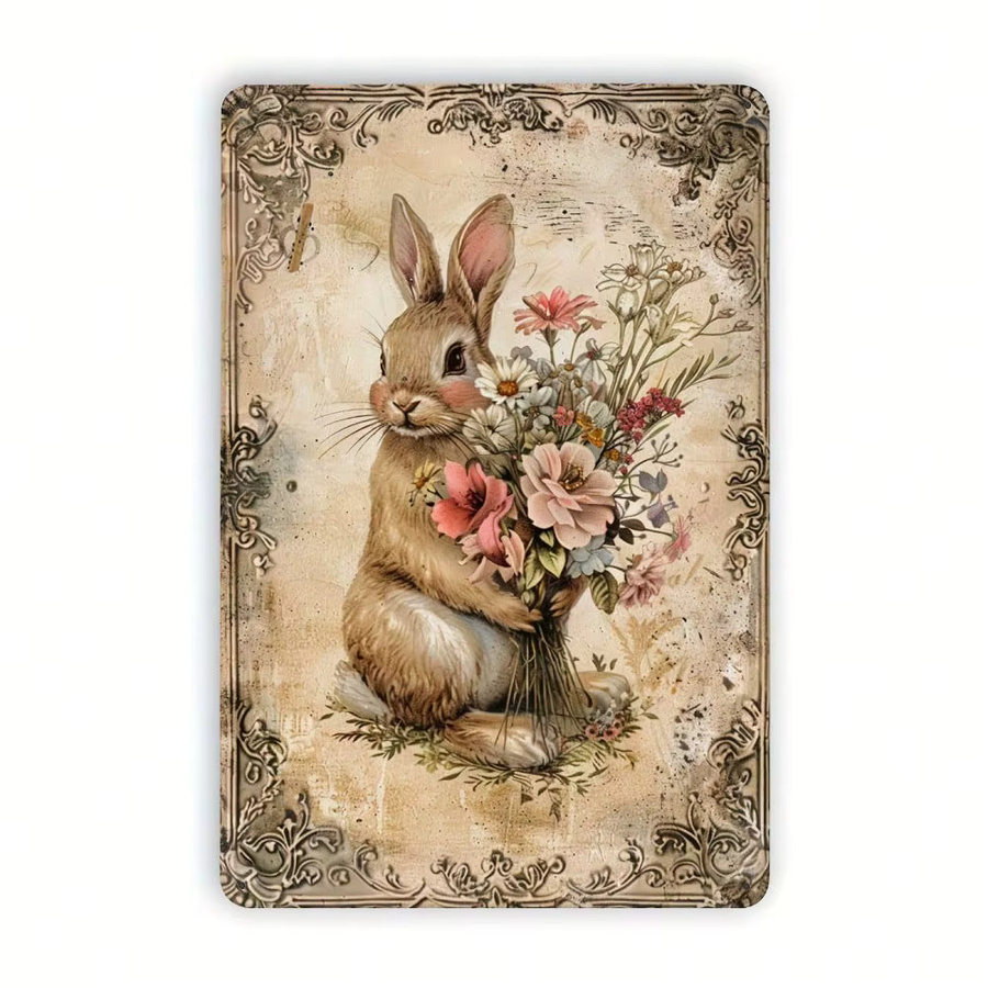 CIFBUY Wand-Metallschild im Vintage-Stil mit Oster-Kaninchenmotiv und floraler Illustration, Beige, B/H: 30,0 x 20,0 cm - Bild 2