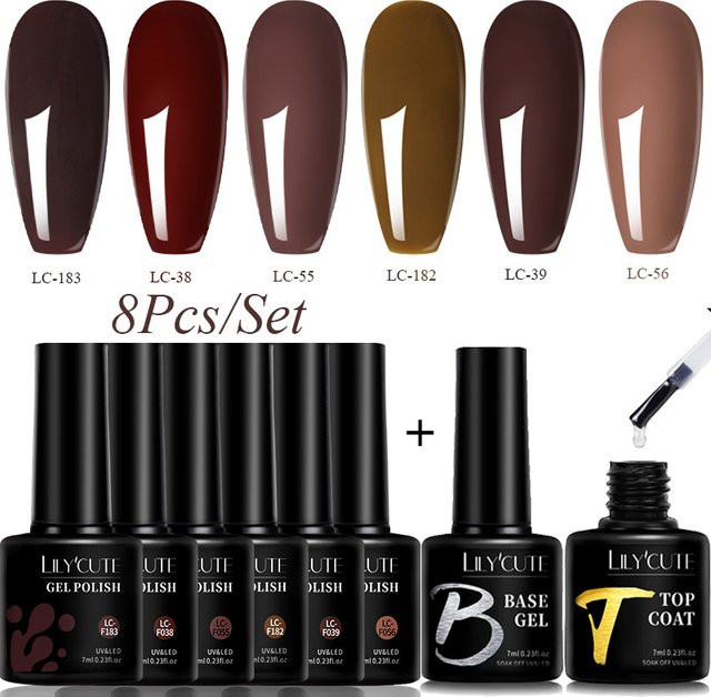 LILYCUTE Nagellack Set, Kaffee Braun, 8 Teile, 7 ml, Glänzend - Bild 1