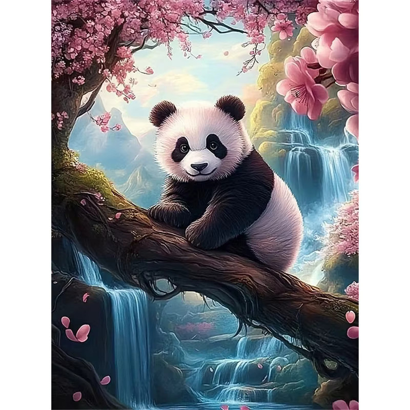 HUACAN Diamant-Malerei Panda mit Blumen als Mosaik-Kunstbild in Mehrfarbig, rund - Bild 4