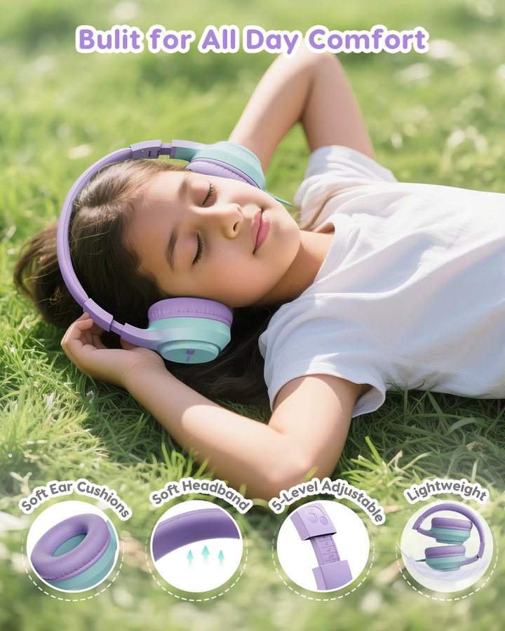 Awatrue Kinder-Kopfhörer Over-Ear in Lila mit Lautstärkebegrenzer und 3,5mm Klinkenanschluss, faltbar und kabelgebunden - Bild 2