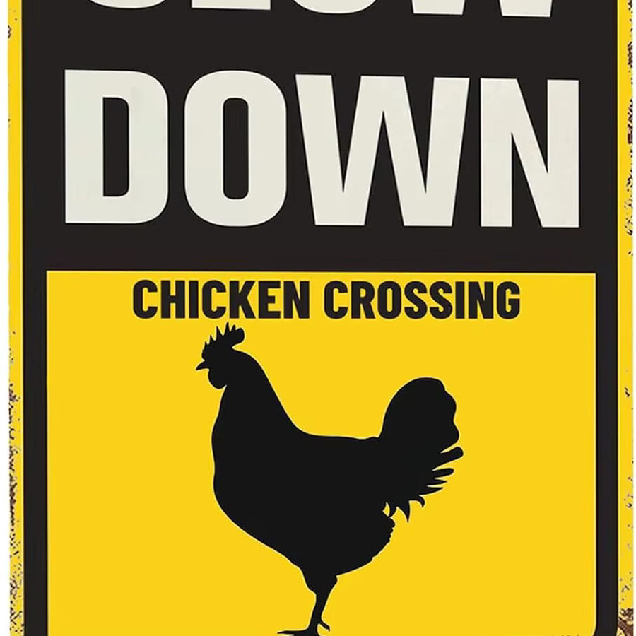 Snowsun Metall-Blechschild Slow Down Chicken Crossing in Gelb im Retro-Vintage-Stil, B/H: 20,0 x 14,0 cm - Bild 2