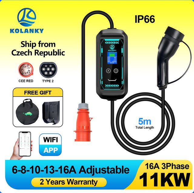 Kolanky EV-Ladegerät Wallbox Typ 2 mit 11 kW und 16 A, WLAN und Tuya App Steuerung, Schwarz, 5 m Kabel - Bild 1