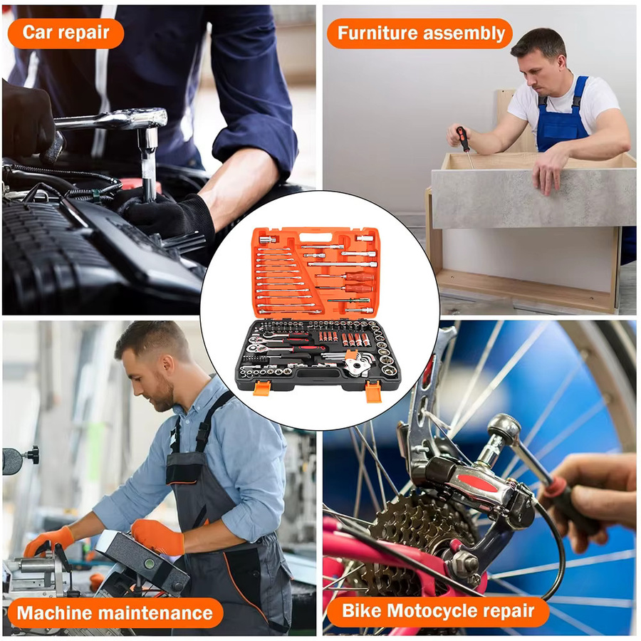 Podofo 121-teiliges Ratschen- und Steckschlüssel-Set in Multicolor mit 1/2 Zoll, 3/8 Zoll und 1/4 Zoll Ratschen sowie Hülsen und Kombischlüsseln für Autoreparaturen und Mechanikerarbeiten - Bild 2