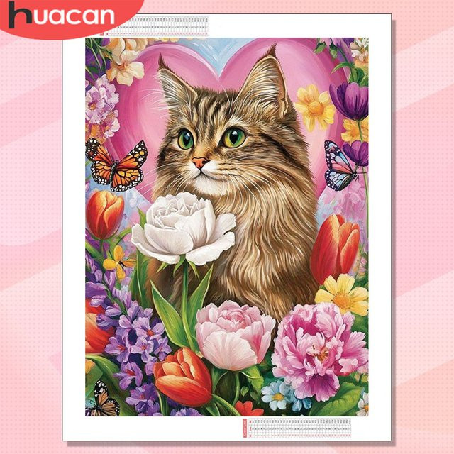 HUACAN Diamond Painting Set für Erwachsene mit Katze und Blumen in Multicolour, rundes Diamant-Mosaik Kunsthandwerk-Set - Bild 1
