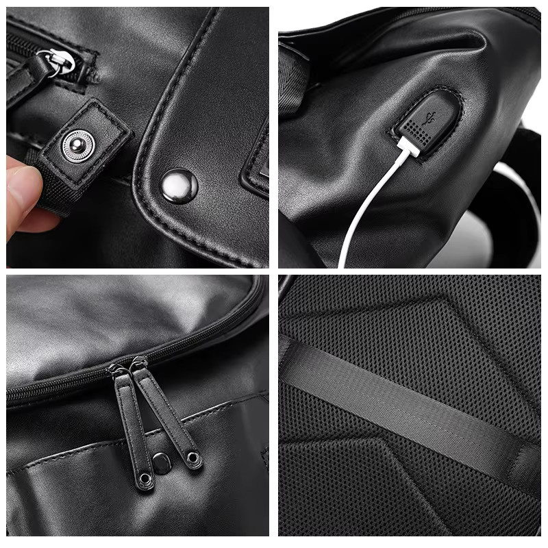 FANNYYEE Lederrucksack für Herren in Schwarz mit USB-C Anschluss und Fach für 14-Zoll-Laptop - Bild 5