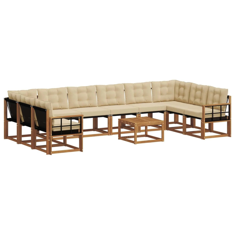 vidaXL Outdoor-Sofagarnitur aus Akazienholz in U-Form, 11-teiliges Set mit Textilene-Bezug und Kissen, Natur und Beige - Bild 2