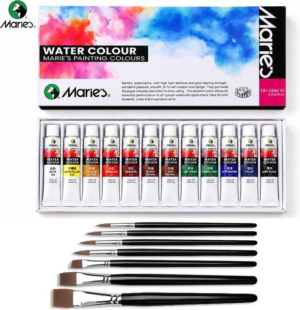 Marie's Art Aquarellfarben-Set mit 7 Pinseln in verschiedenen Größen, professionelles Kunstzubehör, Multicolor, 12 ml pro Farbe - Bild 1