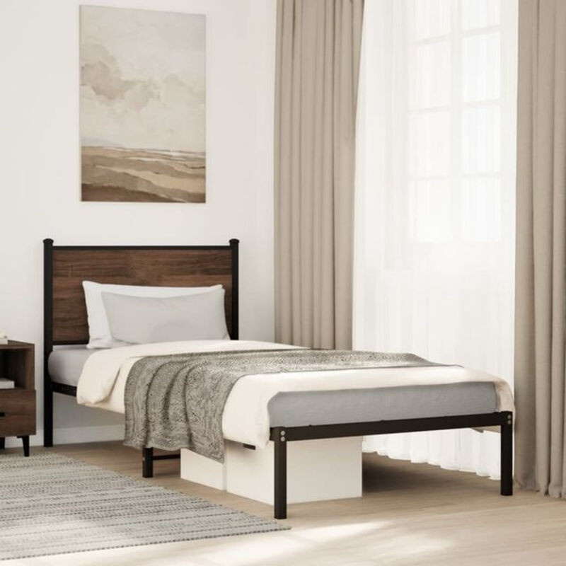 Metallbett Vidaxl in Braun mit Eichen-Optik im Industrial-Stil, B/T/H: 80 x 200 cm (ohne Matratze) - Bild 1