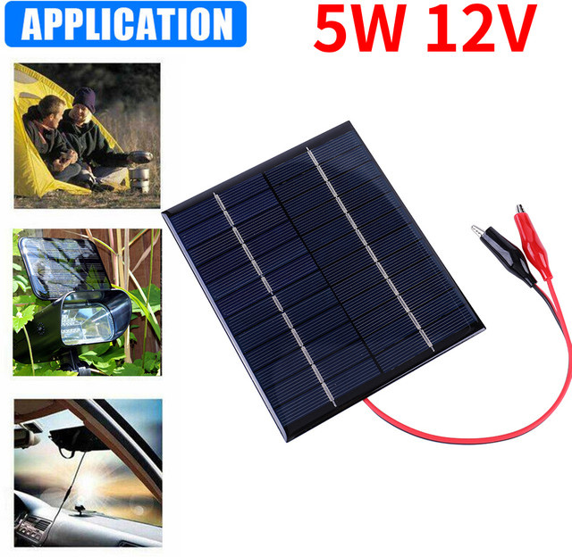 APWIKOGER 5W 12V Solarpanel Polysilizium mit Clipkabel und Barrel-Plug, Wasserdichtes Solar-Ladegerät für Outdoor-Camping, Schwarz - Bild 1