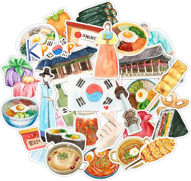 30er-Set Aquarell Aufkleber mit koreanischen Lebensmittel-Motiven in Multicolour für Scrapbooking, Tagebuch und DIY-Handwerk - Bild 1