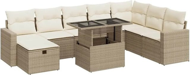 vidaXL 9-tlg. Garten-Sofagarnitur aus Poly-Rattan in Beige mit Kissen und Couchtisch für Terrasse und Garten - Bild 1