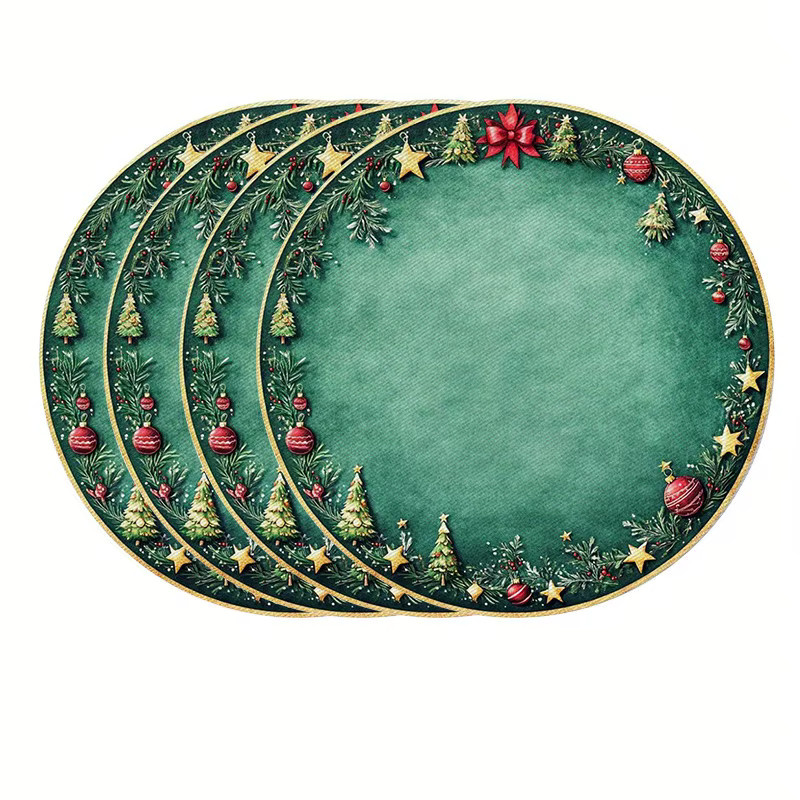 VIKAMA 4er Set Weihnachts-Platzsets mit floralem Design in Grün und Gold sowie roter Schleife für deine Weihnachtsdekoration - Bild 2