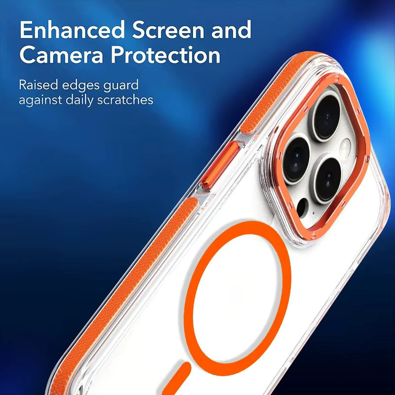 Magnetische kabellose Lade-Handyhülle mit Linsenschutz für Apple iPhone 17 16 15 14 13 12 Pro Max in Orange und Transparent - Bild 3