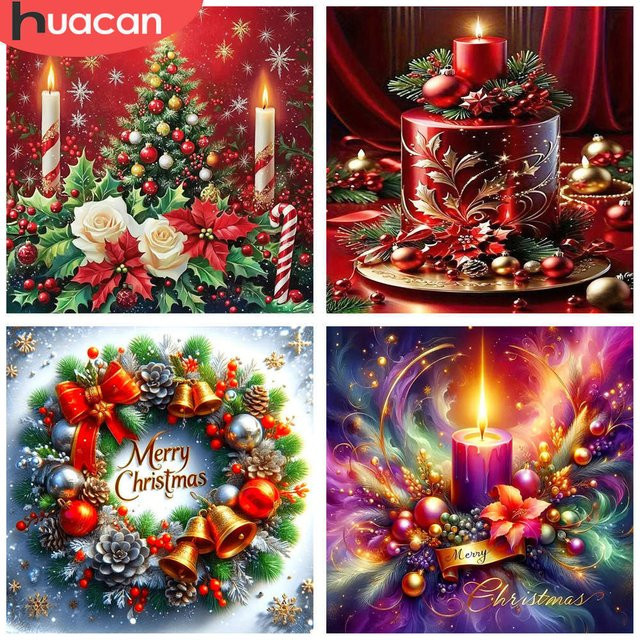 HUACAN 5D Diamant-Stickerei-Set mit Weihnachtsbaum und Kerzen, Kunst-Design Leinwand für die Heimdekoration, B/H: 20 x 20 cm - Bild 1