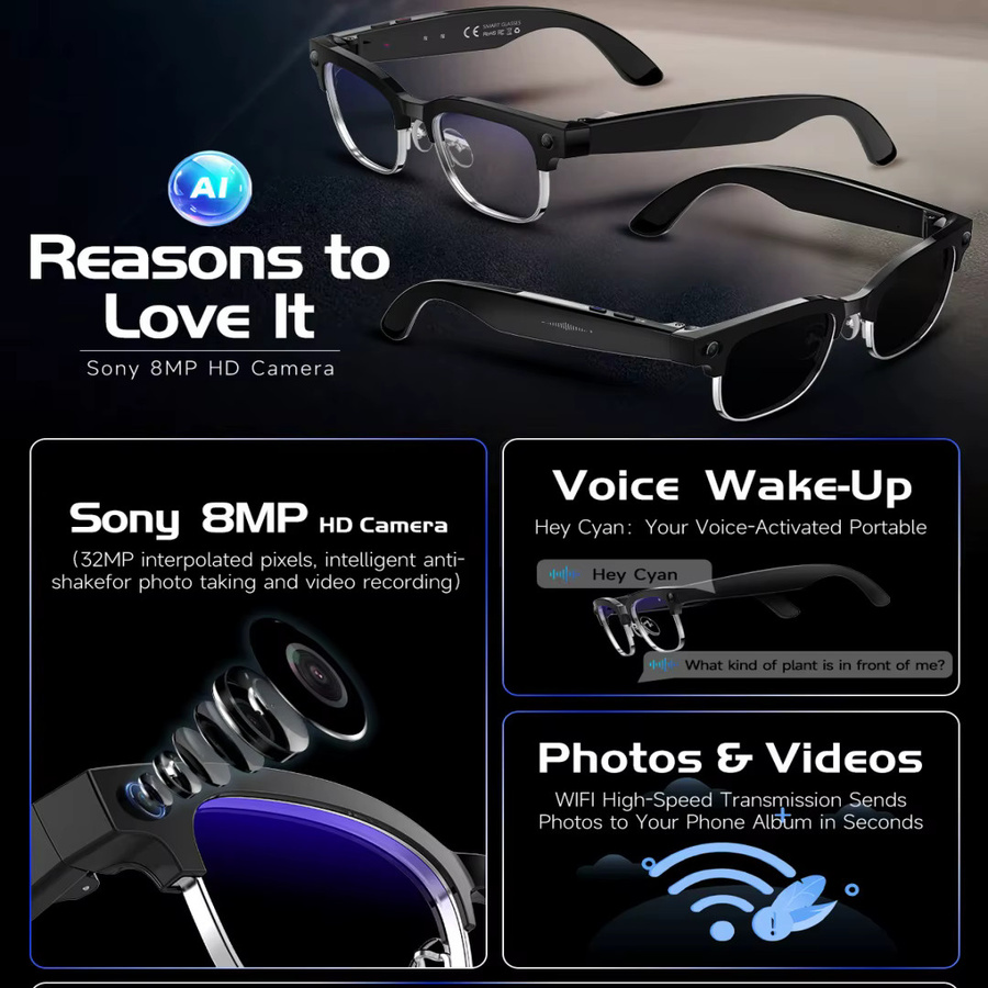 KULANNDER AI Smart Brille mit 8K HD Kamera, Bluetooth für Anrufe, Sprachassistent und KI-Übersetzung, Farben: Blau und Schwarz - Bild 2