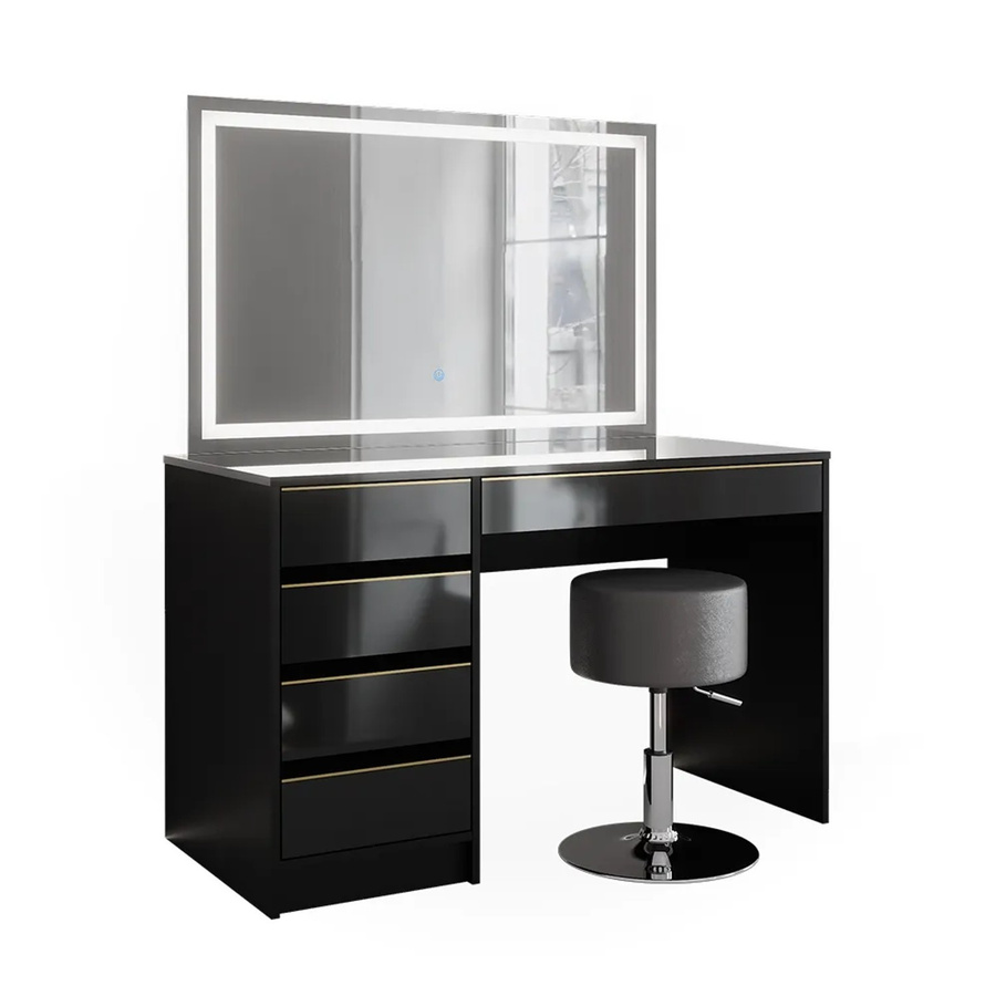 Vicco Schminktisch Sherry in Schwarz Hochglanz mit Gold-Akzenten, inklusive LED-Spiegel und Hocker, B/T/H: 120 x 75 x 75 cm - Bild 3