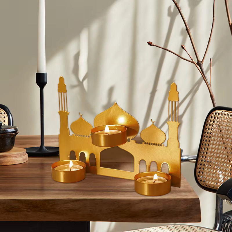 ZQNYCY Ramadan Kerzenhalter aus Metall in Gold mit Mond, Stern und Moschee Design für Eid Mubarak Dekorationen - Bild 3