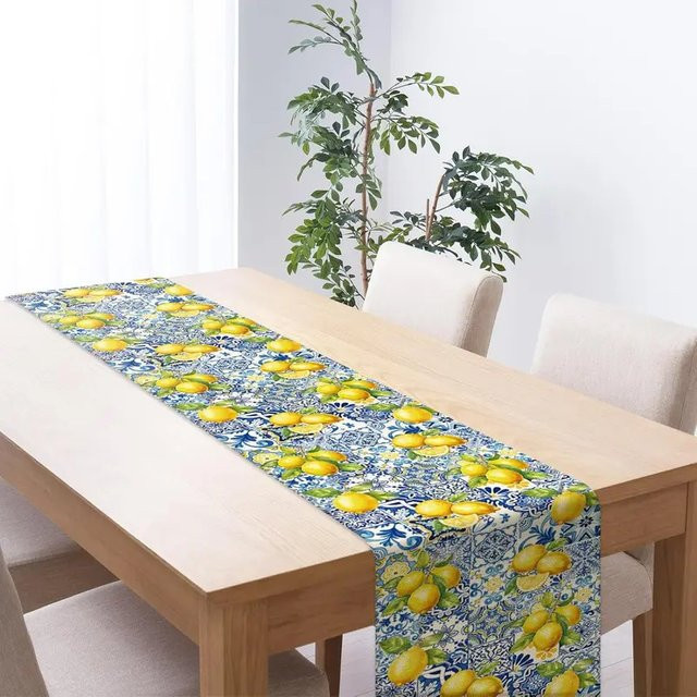 VIKAMA Tischset aus Leinen mit Sommer-Zitronen-Motiv und Keramikfliesen-Design, Hitzebeständig, Mehrfarbig, Rechteckig - Bild 1