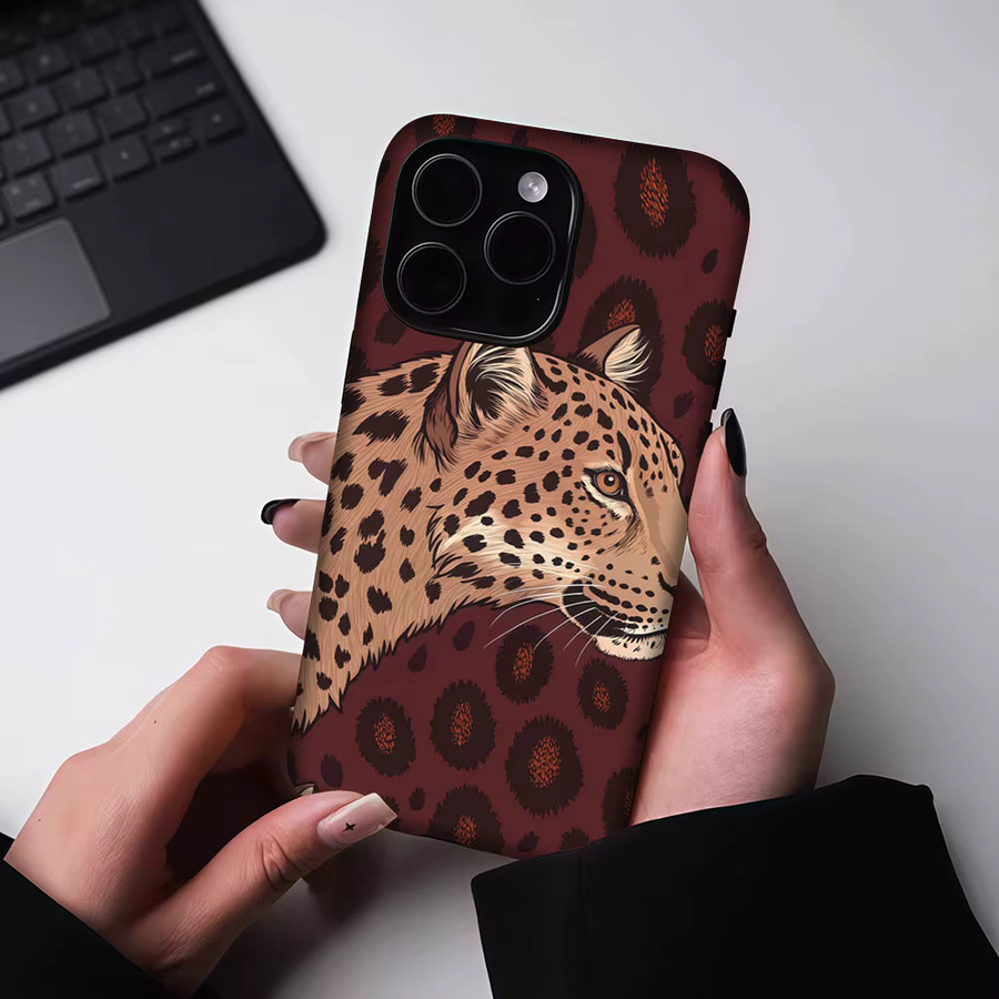 Aurbe Matte 2-in-1 MagSafe Hülle mit Schutzfilm für iPhone 17 16 15 14 Plus Pro Max, Stoßfeste Hartschale im Leoparden-Design, Farbe: Burgunder Rot - Bild 5