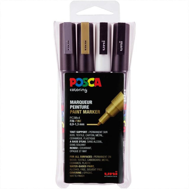 uni POSCA-Marker PC-3M Set mit 4 Stück in Gold, Silber und Mehrfarbig, permanente Pigmentmarker mit feiner Spitze - Bild 1