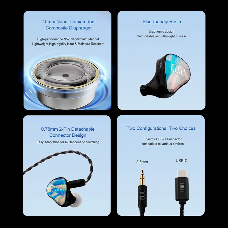 EUIU EI-01 Allround-HiFi-IEM In-Ear-Monitor mit dynamischem Treiber und abnehmbarem 0,78mm 2-Pin Anschluss in Blau/Multicolor - Bild 3