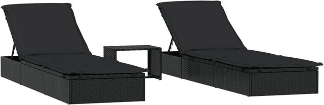 vidaXL Sonnenliegen Set aus 2 Stück mit Tisch in Schwarz aus Poly Rattan, B/T/H: 201 x 55 x 20/23/36/50/62 cm - Bild 1