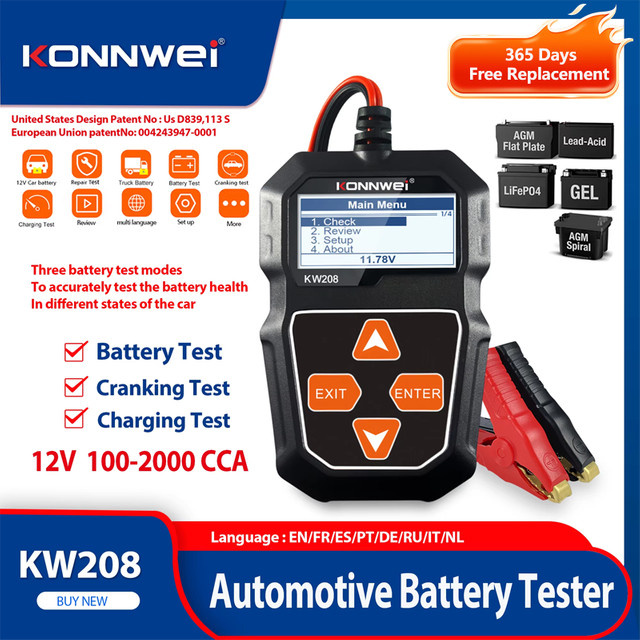 KONNWEI KW208 12V Autobatterietester Automatischer Intelligenter Batterieanalysator in Schwarz mit 100 bis 2000CCA Startstrom-Messung - Bild 1