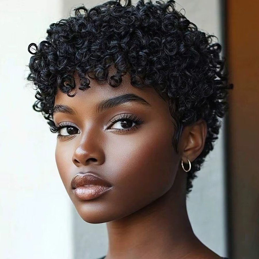 OYM HAIR Perücke, kurze Pixie-Echthaarperücke, lockig, Damen - Bild 2