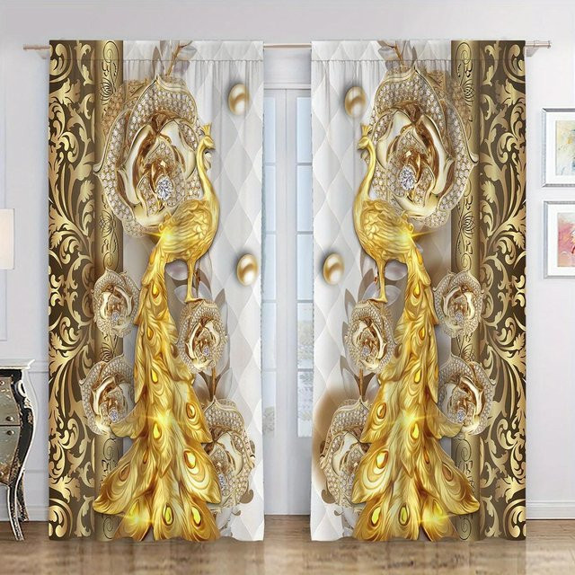 2er-Pack Vintage Pfauenmuster Vorhänge von Yiran Furniture, Gold, semi-transparent, Breite: 75 cm, Höhe: 166 cm - Bild 1