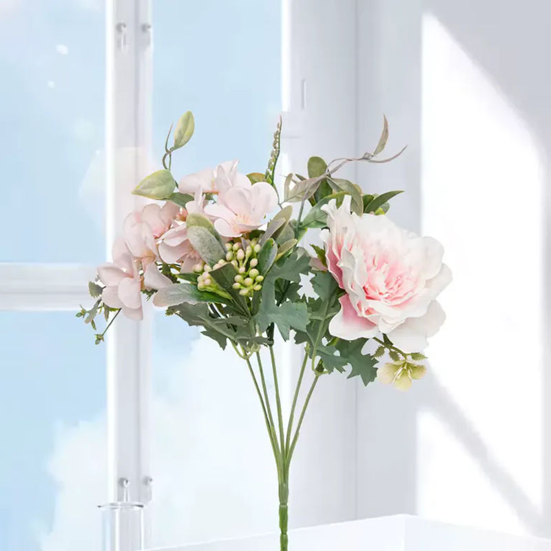 Künstliche Pfingstrosen und Rosen aus Textil in Gelb und Mehrfarbig als floraler Dekorationsstrauß für Hochzeit und Heimdeko - Bild 2