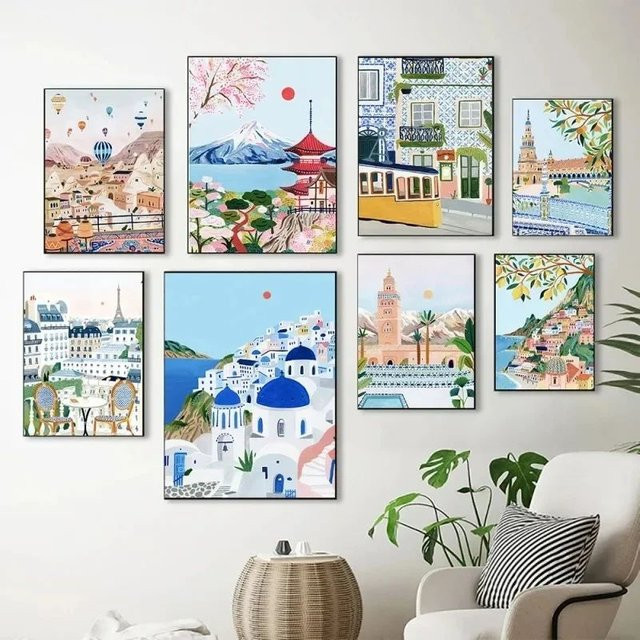 Potdemiel Diamantmalerei Wandbild im nordischen Vintage-Stil mit Stadtmotiven Paris Lissabon und Japan als Landschaftskunst auf Leinwand, Mehrfarbig - Bild 1
