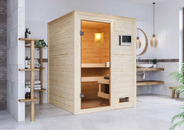 Woodfeeling Massivholzsauna Sandra aus Fichte mit 9 kW Ofen, externem Steuergerät und Glastür, B/T/H: 145 x 145 x 187 cm - Bild 1