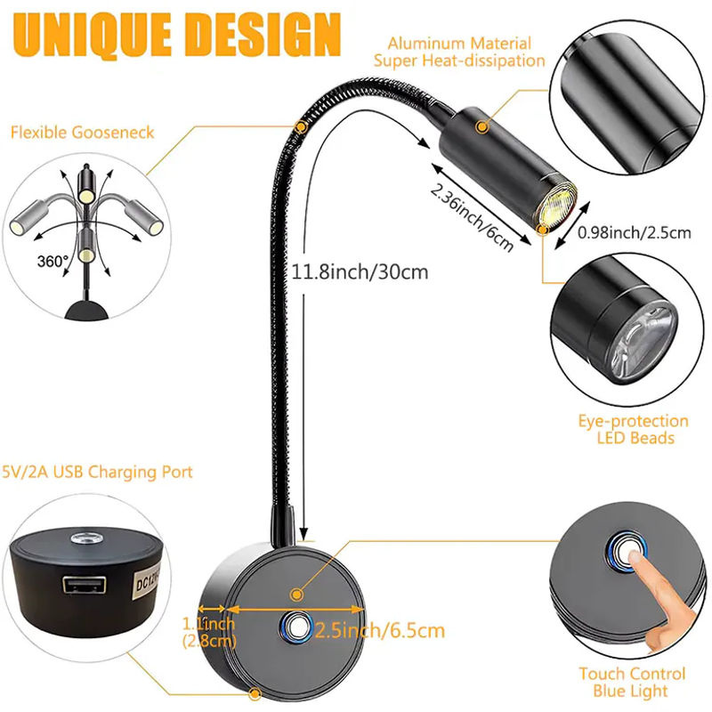 XunShiNi LED-Wandleuchte in Silber, dimmbare Leselampe mit flexiblem Schwanenhals für Wohnmobil, Boot und Van, 12-24V - Bild 3