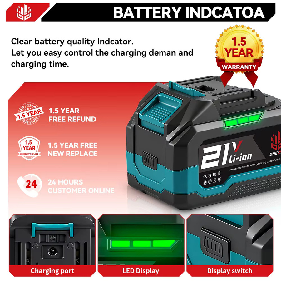 ONEVAN Lithium-Akku 22500mAh für 21V 18V Makita Elektrowerkzeuge mit Kapazitätsanzeige, Schwarz - Bild 3