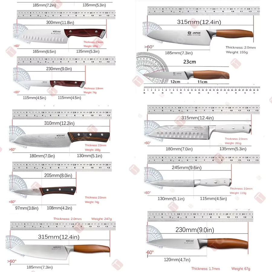 WXCOO Japanisches Küchenmesser-Set aus Edelstahl in Silber mit Holzgriff inklusive Fischschneidemesser, Ausbeinmesser, Schere und Obstschäler - Bild 5