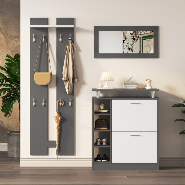 Aosom Wandgarderobe Set mit Spiegel, Regal und Schuhschrank in Weiß und Grau, B/T/H: 80 x 25 x 96,5 cm - Bild 1