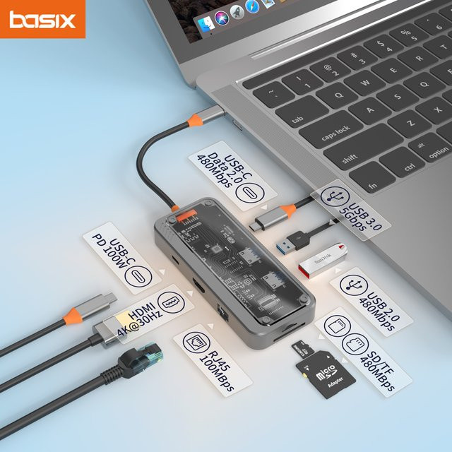 Basix 8in1 USB C Hub mit Ethernet Port und PD 100W Ladung in Grau - Bild 1