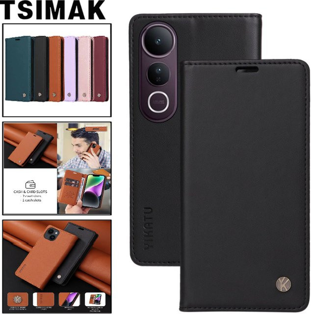 Leder-Brieftaschen-Schutzhülle mit Magnet und Kartenfach für Vivo V50 Lite und Vivo V50 in Gelb und Braun - Bild 1