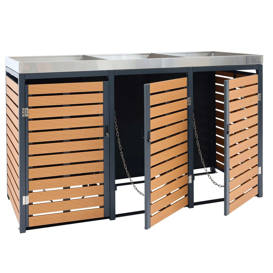 MCW 3er Mülltonnenverkleidung K14 mit Pflanzkasten in Teak-Optik aus WPC und Edelstahl, B/T/H: 200 x 124 x 84 cm - Bild 2