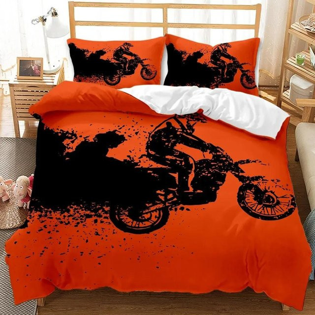 Motocross Bettwäscheset für Jugendliche von Binchi Outdoor Product in Orange mit Dirtbike-Motiv, bestehend aus Bettbezug und Kissenbezug aus Polyester, Breite: 140 cm, Länge: 210 cm - Bild 1