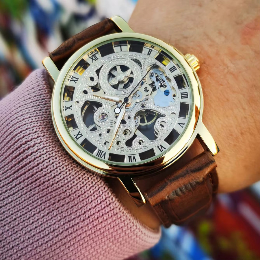 WINNER Armbanduhr, Skelett-Mechanische Uhr, Gold, Handaufzug, Leder, Herren - Bild 5