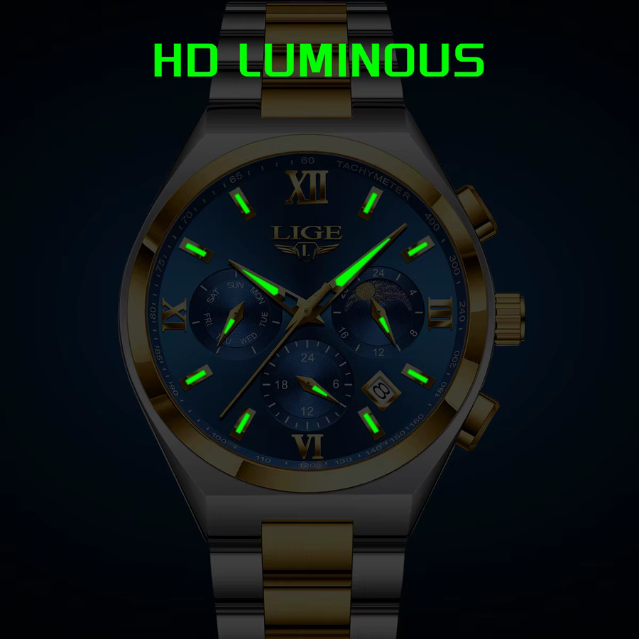 LIGE Armbanduhr Chronograph, Quarz, Edelstahl, Blau, Herren - Bild 2