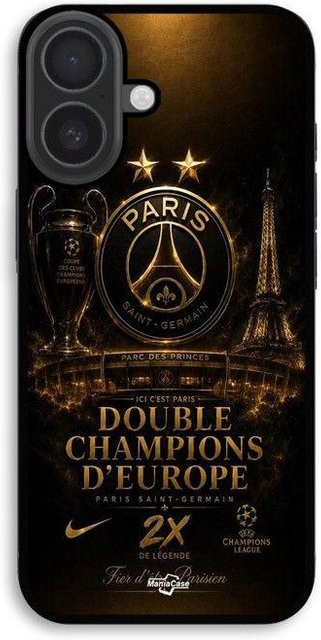 Maniacase iPhone 16 Plus Hülle PSG Champions League 2 Sterne in Schwarz und Gold - Bild 1