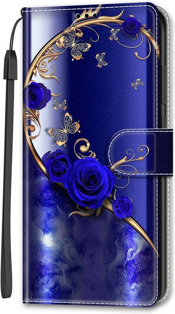 Best Phone Cases Handyhülle aus PU Leder mit blauem Rosen- und goldenem Schmetterlingsdesign als Flip-Case mit Fotorahmen für iPhone, Samsung, Huawei, Honor, Xiaomi, Redmi, Oppo, Sony, Motorola, Nokia und Google - Bild 1