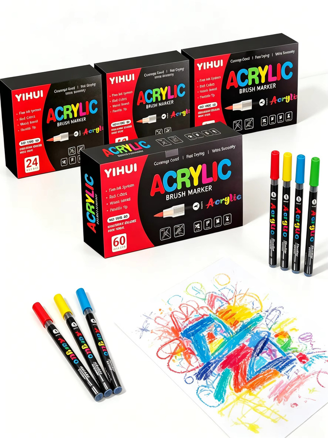 Acrylmarker Set mit flexibler Pinselspitze auf Wasserbasis in 60 Farben für Felsmalerei und Metallgewebe - Bild 7