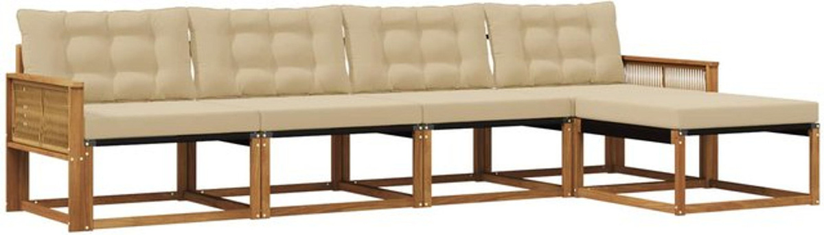 vidaXL Outdoor-Sofagarnitur aus Akazie mit Textilene-Kissen in Natur und Beige, 5-teiliges Loungemöbel-Set - Bild 1