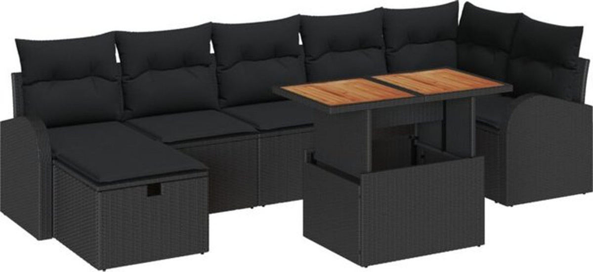 vidaXL Garten-Sofa-Set aus Poly-Rattan und Massivholz, 8-teilig, Schwarz, höhenverstellbar, modern - Bild 1