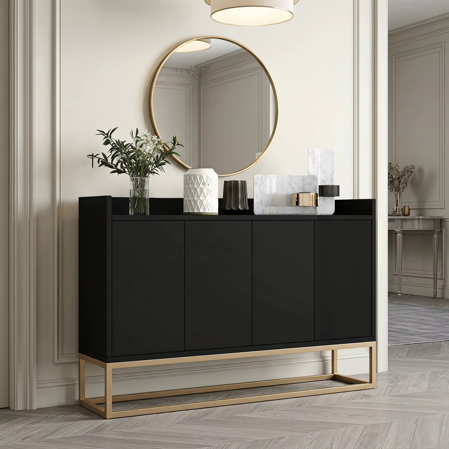 WoodenAura Niedriger Buffetschrank in Schwarz mit 4 Türen und Metallfüßen, moderner Küchenschrank mit verstellbaren Einlegeböden, B: 80 cm, T: 30 cm - Bild 6
