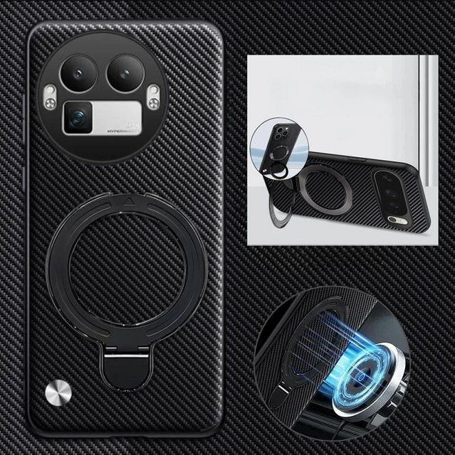 Magnetische rotierende Schutzhülle für OPPO Realme GT 8 Pro und Realme GT Neo 7 aus Carbon Faser und PU Leder in Schwarz - Bild 1